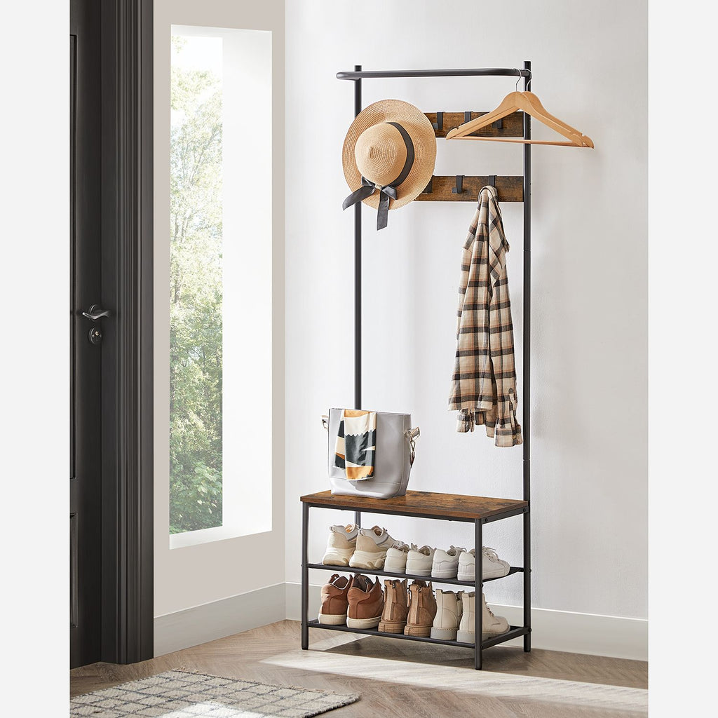 Eteiskaluste, naulakko 9 irrotettavalla koukulla ja penkillä, industrial-muotoilu, eteiseen ja makuuhuoneeseen, 32,2 × 64 × 180 cm, vintageruskea ja musta
