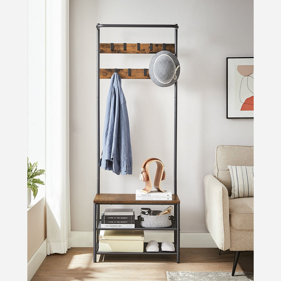 Eteiskaluste, naulakko 9 irrotettavalla koukulla ja penkillä, industrial-muotoilu, eteiseen ja makuuhuoneeseen, 32,2 × 64 × 180 cm, vintageruskea ja musta