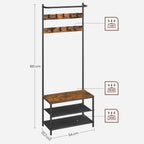 Eteiskaluste, naulakko 9 irrotettavalla koukulla ja penkillä, industrial-muotoilu, eteiseen ja makuuhuoneeseen, 32,2 × 64 × 180 cm, vintageruskea ja musta