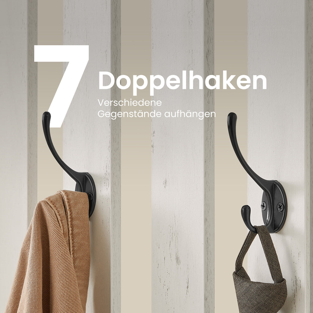 Eteiskaluste penkillä ja kenkäsäilytyksellä, naulakko 7 kaksoiskoukulla takeille ja hatuille, eteiseen, makuuhuoneeseen ja olohuoneeseen, 35 × 81 × 180 cm, rustiikkivalkoinen