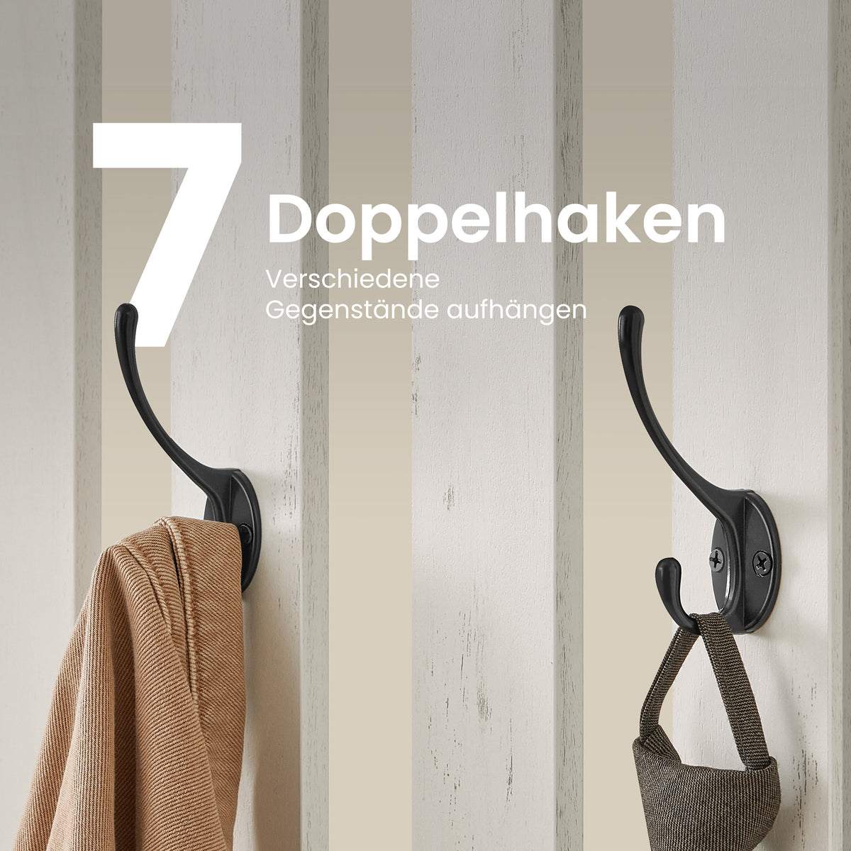 Eteiskaluste penkillä ja kenkäsäilytyksellä, naulakko 7 kaksoiskoukulla takeille ja hatuille, eteiseen, makuuhuoneeseen ja olohuoneeseen, 35 × 81 × 180 cm, rustiikkivalkoinen