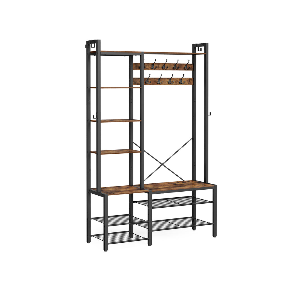 Eteiskaluste penkillä ja kenkäsäilytyksellä, naulakko 5 säilytyshyllyllä, 9 vaatekoukkua ja 6 sivukoukkua, 40 × 120 × 190 cm, vintageruskea ja syvänmusta
