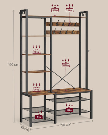 Eteiskaluste penkillä ja kenkäsäilytyksellä, naulakko 5 säilytyshyllyllä, 9 vaatekoukkua ja 6 sivukoukkua, 40 × 120 × 190 cm, vintageruskea ja syvänmusta
