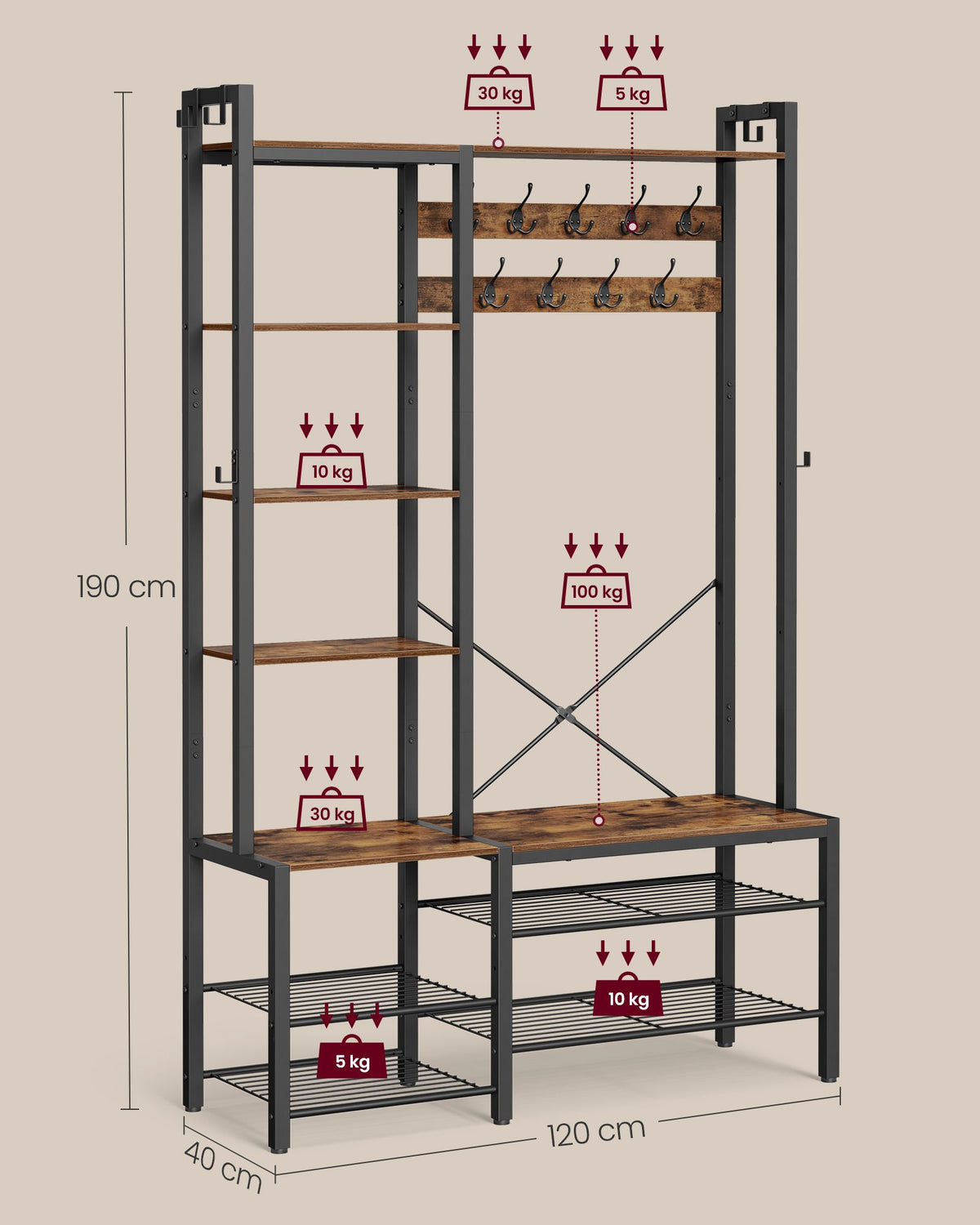 Eteiskaluste penkillä ja kenkäsäilytyksellä, naulakko 5 säilytyshyllyllä, 9 vaatekoukkua ja 6 sivukoukkua, 40 × 120 × 190 cm, vintageruskea ja syvänmusta