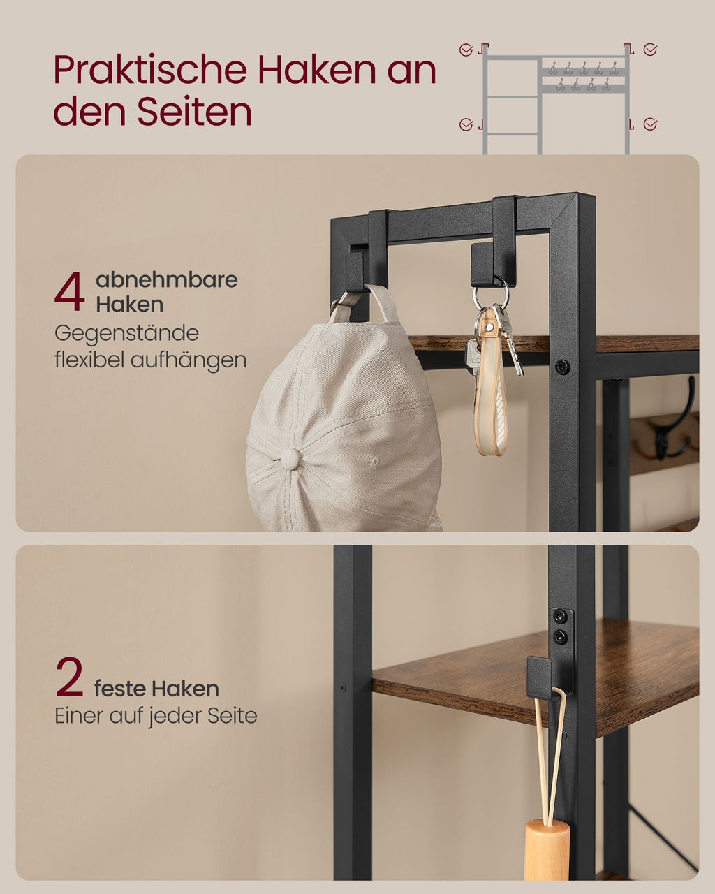 Eteiskaluste penkillä ja kenkäsäilytyksellä, naulakko 5 säilytyshyllyllä, 9 vaatekoukkua ja 6 sivukoukkua, 40 × 120 × 190 cm, vintageruskea ja syvänmusta