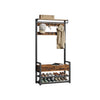 Eteiskaluste penkillä ja kenkäsäilytyksellä, naulakko 2 kangaslaatikolla ja 10 koukulla, 30 × 80,4 × 181,6 cm, vintageruskea ja syvänmusta