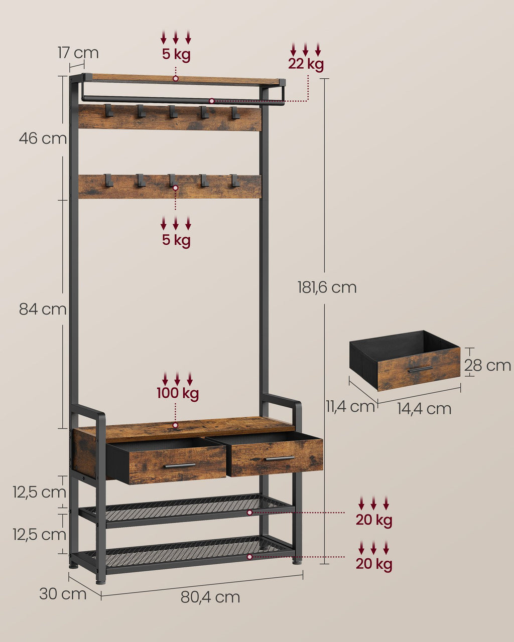Eteiskaluste penkillä ja kenkäsäilytyksellä, naulakko 2 kangaslaatikolla ja 10 koukulla, 30 × 80,4 × 181,6 cm, vintageruskea ja syvänmusta