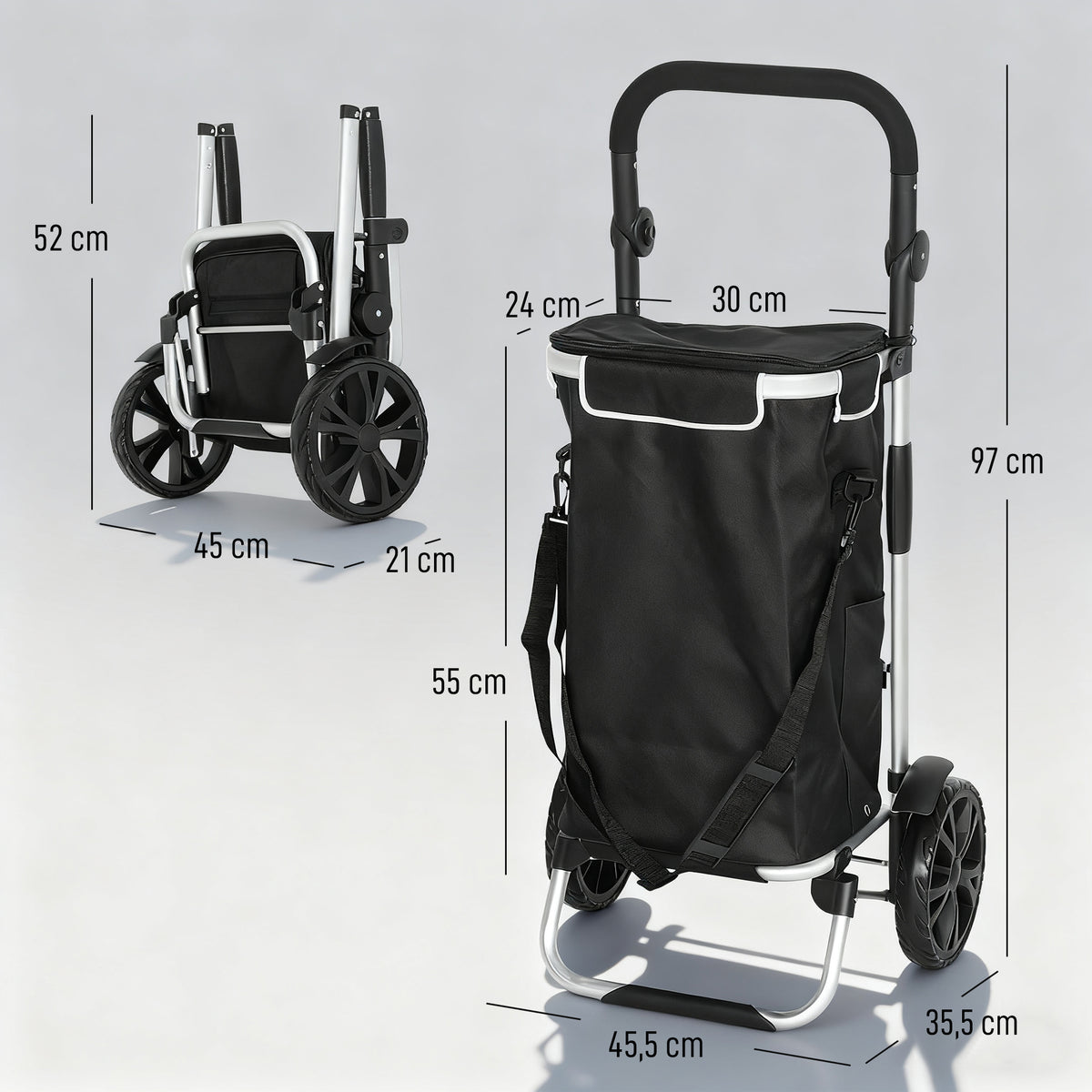 Ostoskärry 3-in-1 kylmälokerolla, 40 l irrotettava kassi, kokoontaitettava, 25 kg, musta