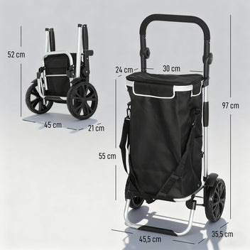 Ostoskärry 3-in-1 kylmälokerolla, 40 l irrotettava kassi, kokoontaitettava, 25 kg, musta