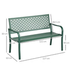 Metallinen puutarhapenkki kukkakuvioinnilla ja käsinojilla, 127 cm, tummanvihreä