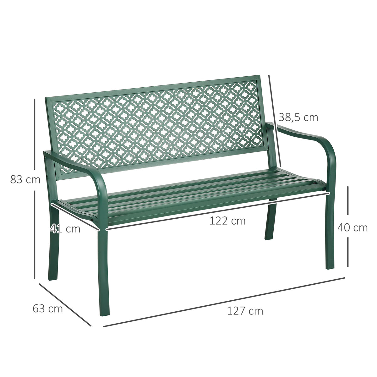 Metallinen puutarhapenkki kukkakuvioinnilla ja käsinojilla, 127 cm, tummanvihreä