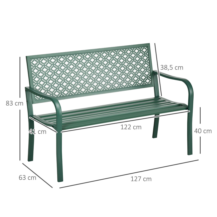 Metallinen puutarhapenkki kukkakuvioinnilla ja käsinojilla, 127 cm, tummanvihreä