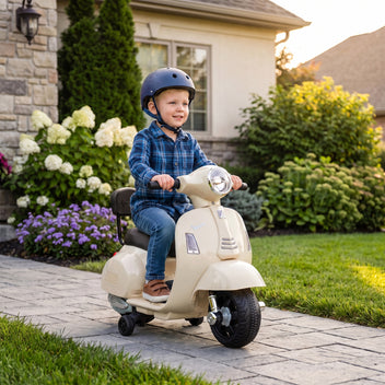 Lasten sähkömopo Mini Vespa GTS litiumakulla, selkänoja ja tukipyörät, 1,5–3 v, valkoinen
