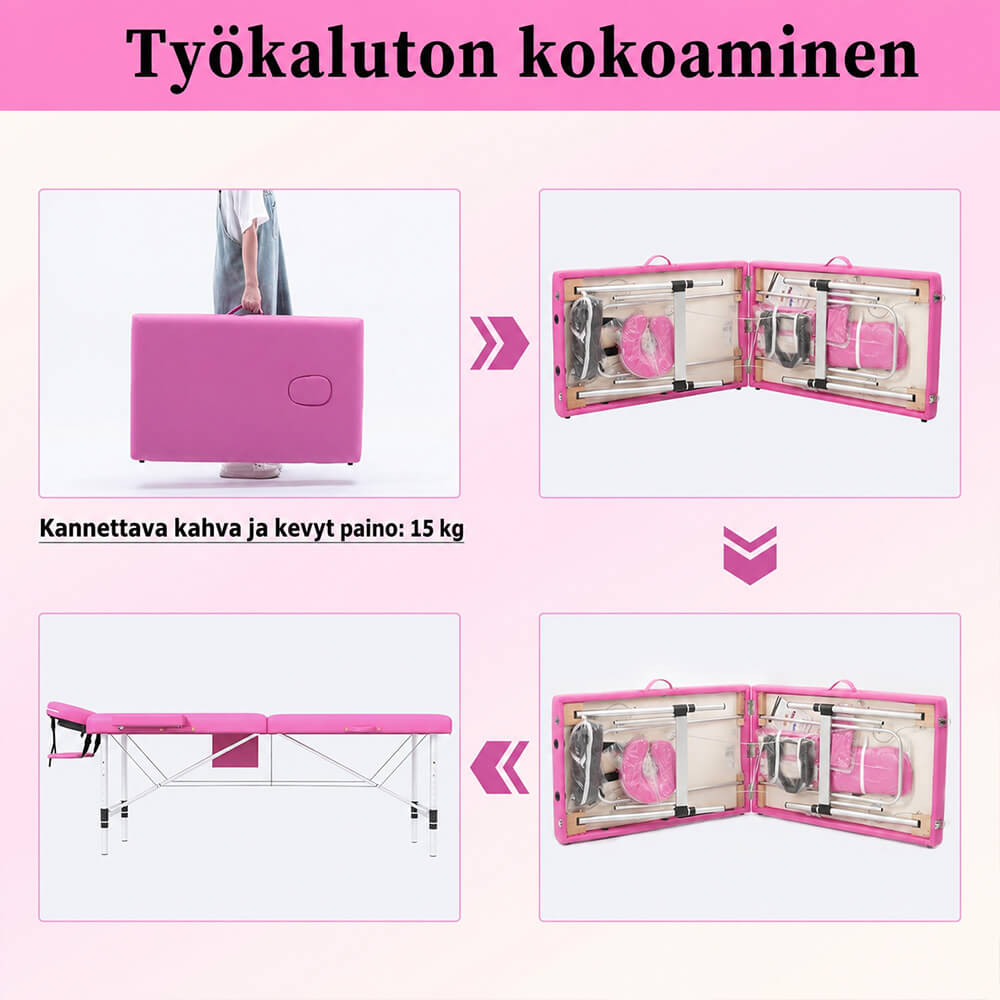 Hierontapöytä 2-vyöhykkeinen, kokoontaittuva alumiinirunko, pinkki