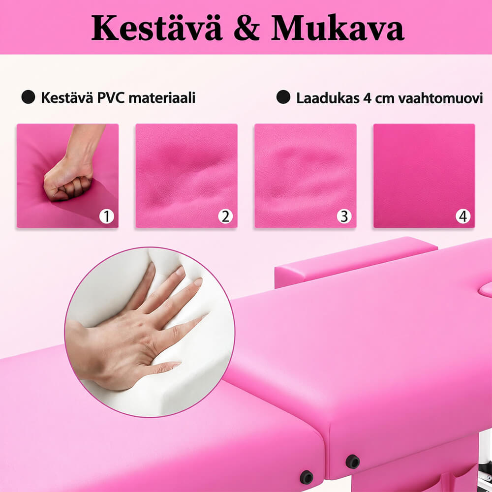 Hierontapöytä Premium 3-vyöhykkeinen 195 × 70 cm, pinkki