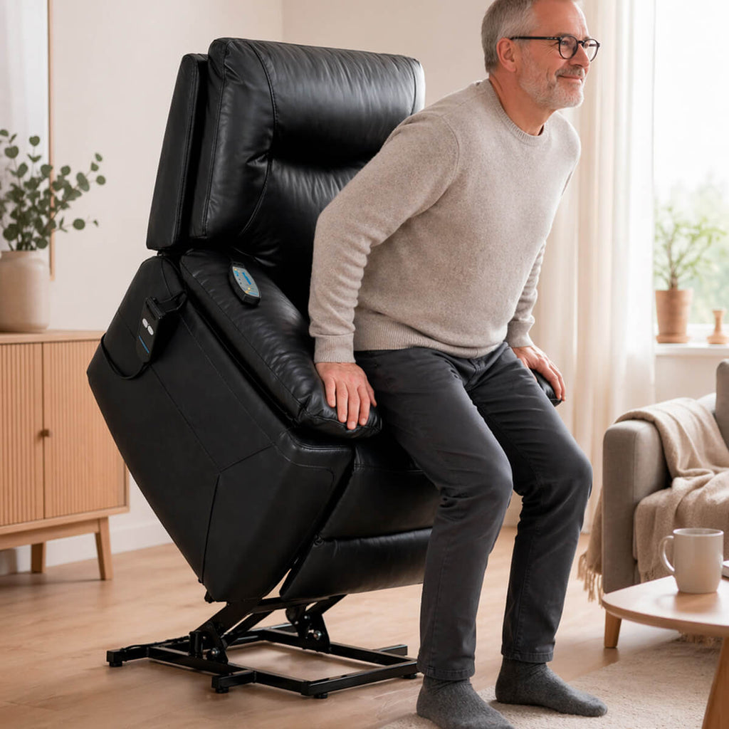 Massagestol med uppresningshjälp och uppvärmning, svart