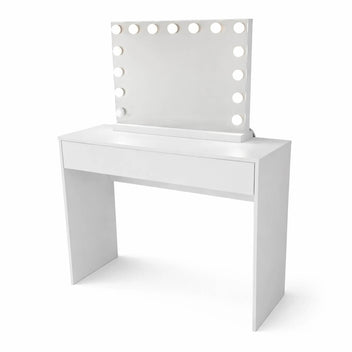 Hollywood-meikkipöytä 91 x 35 x 76 – LED-peili, leveä laatikko, valkoinen