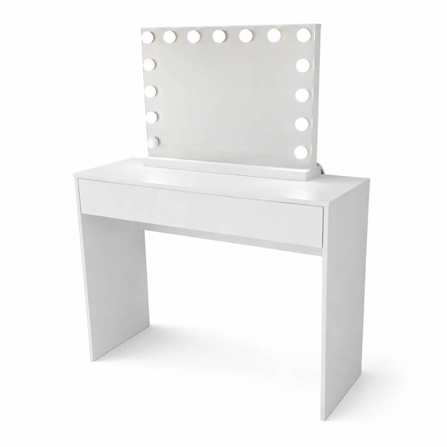 Hollywood-sminkbord 91 x 35 x 76 – LED-spegel, bred låda, vit