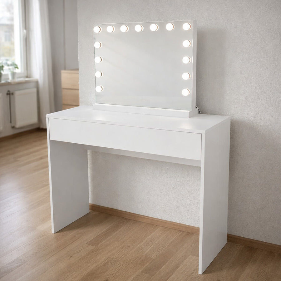 Hollywood-sminkbord 91 x 35 x 76 – LED-spegel, bred låda, vit