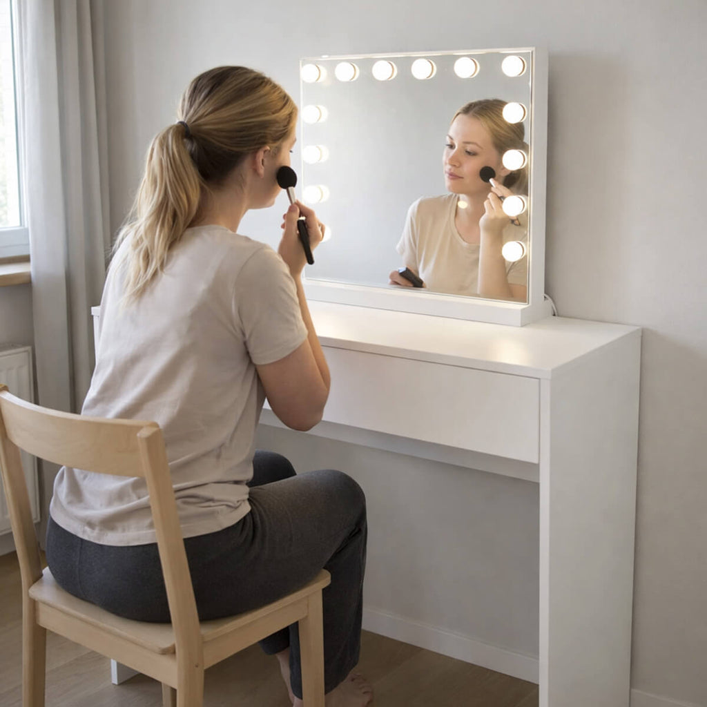 Hollywood-meikkipöytä 91 x 35 x 76 – LED-peili, leveä laatikko, valkoinen