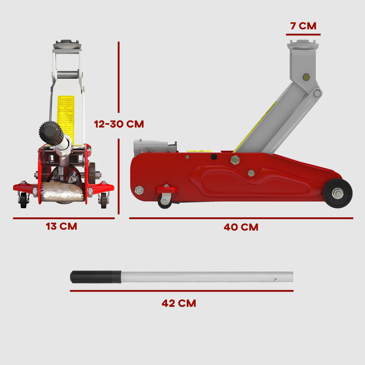 Hydraulinen kompakti tunkki 2 t, nostokorkeus 12–30 cm, ylikuormitussuoja, punainen