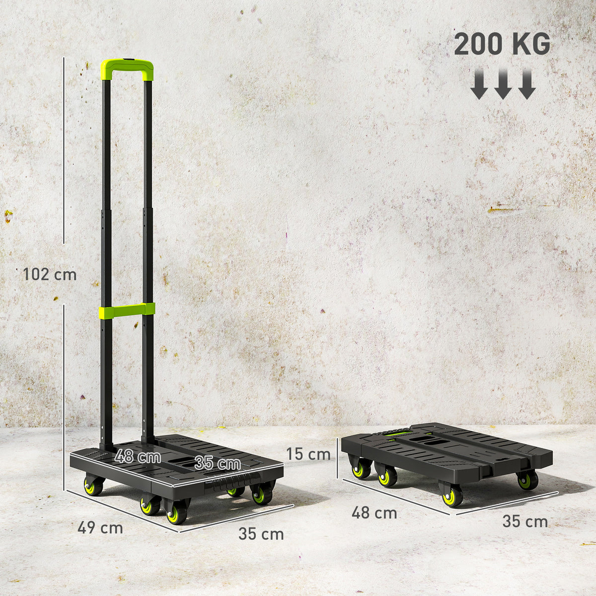 Kokoontaitettava nokkakärry levennettävällä lavalla, säädettävä kahva, 200 kg, vihreä/musta