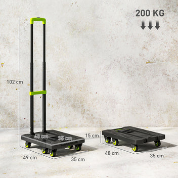 Kokoontaitettava nokkakärry levennettävällä lavalla, säädettävä kahva, 200 kg, vihreä/musta