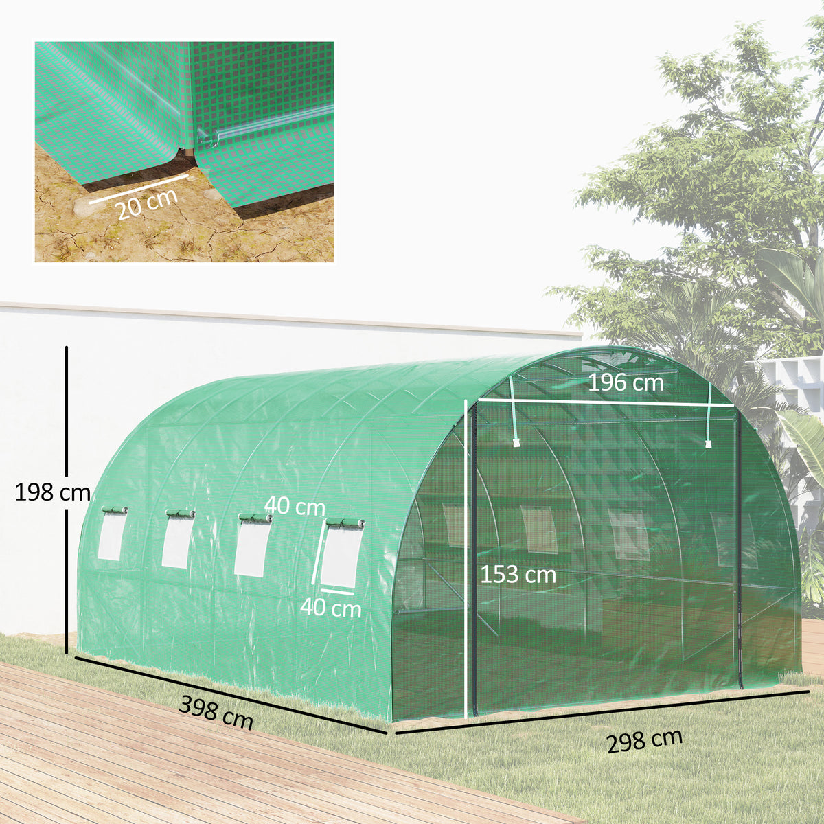 Vahvistettu tunnelikasvihuone 170 g/m² katteella, 4 x 3 x 2 m, vihreä