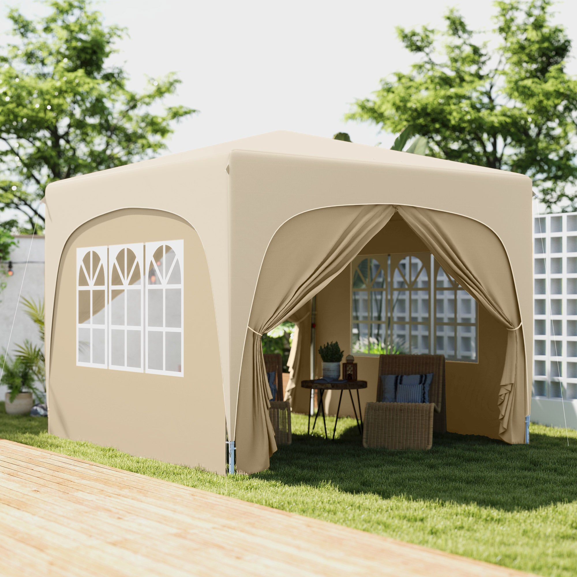 3 x 3 m pop-up paviljonki sivuseinillä, UPF 50+ -aurinkosuoja ja säädettävä korkeus