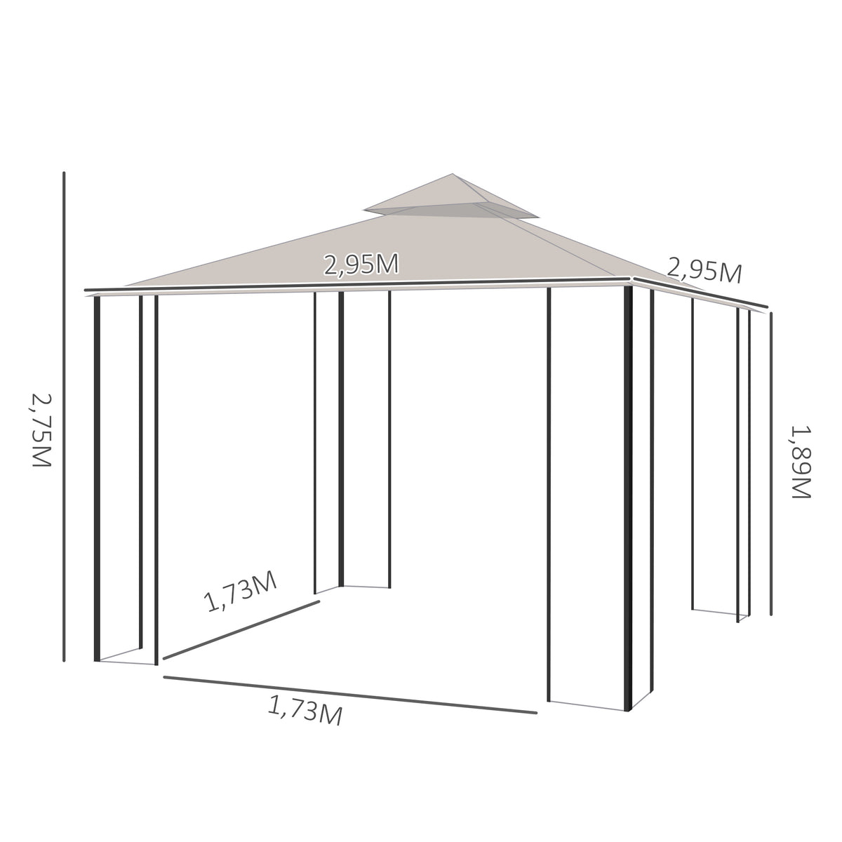 Paviljonki 3 x 3 m hyttysverkkoseinillä ja kaksoiskatolla, beige/musta