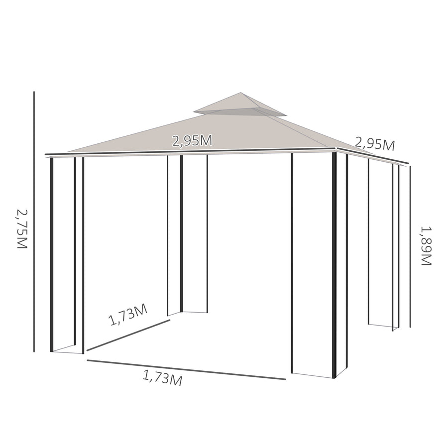 Paviljonki 3 x 3 m hyttysverkkoseinillä ja kaksoiskatolla, beige/musta