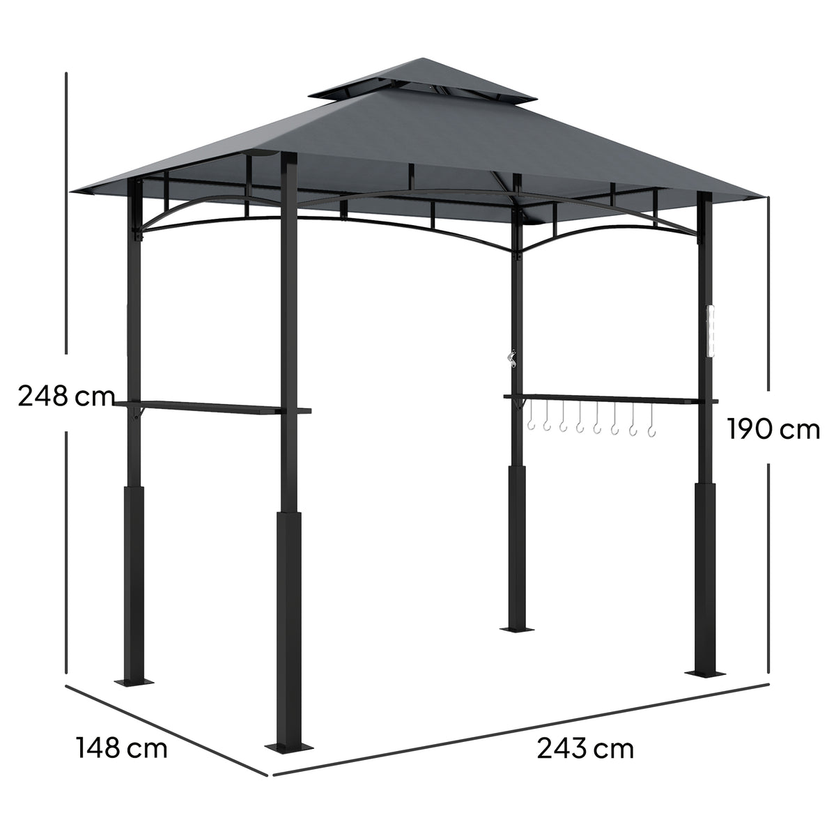 Grillikatos maustehyllyillä ja LED-valoilla, 2,43 x 1,48 m, tummanharmaa