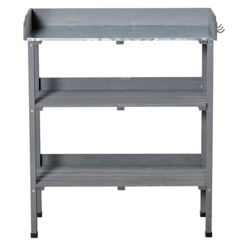 Puinen istutuspöytä metallikannella ja koukuilla, 76 x 37 x 89 cm, harmaa