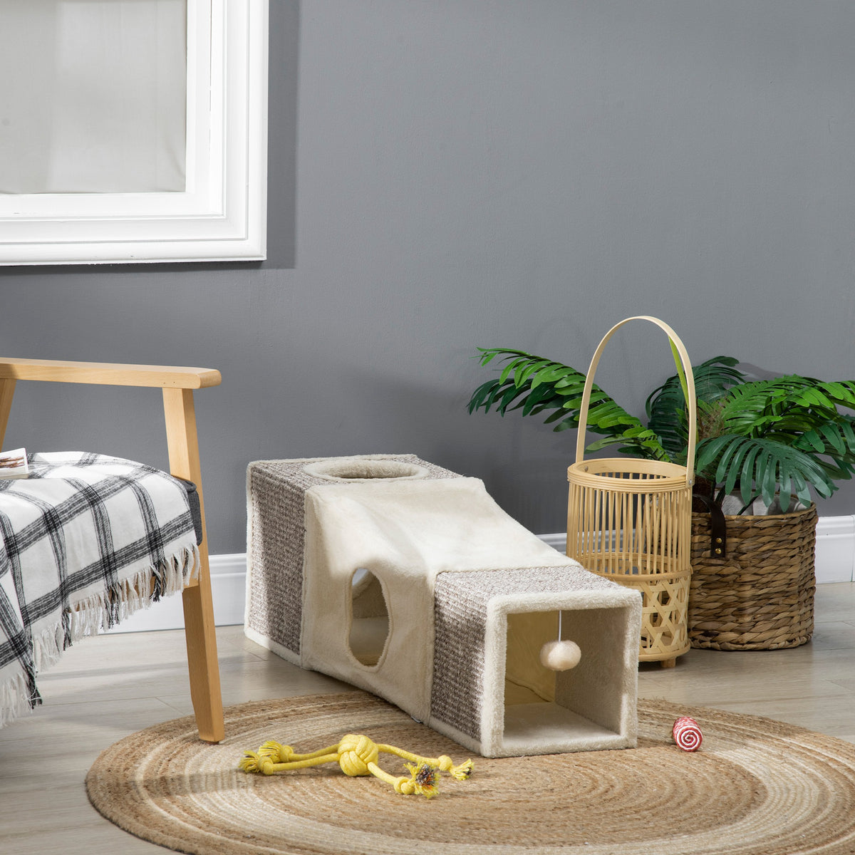 Kissan leikkitunneli kahdella pesällä ja raapimispinnoilla, 98 cm, ruskea/beige
