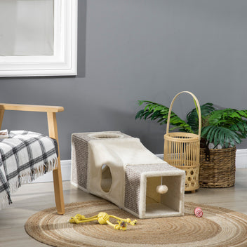 Kissan leikkitunneli kahdella pesällä ja raapimispinnoilla, 98 cm, ruskea/beige