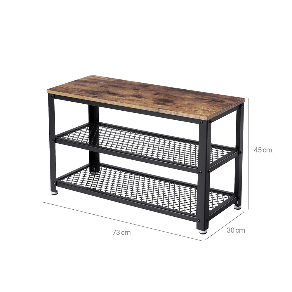 Kenkäpenkki 2 hyllyllä, kenkäteline eteiseen, olohuoneeseen ja käytävään, teräsrakenne, industrial-tyyli, 73 × 30 × 45 cm, rustiikkiruskea ja musta
