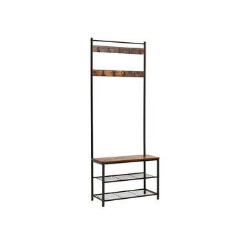 Eteiskaluste, naulakko kenkäpenkillä ja kenkätelineellä, 3-in-1-rakenne, teräsrunko, eteiseen, 32,5 × 70 × 175 cm, industrial-tyyli, rustiikkiruskea ja musta