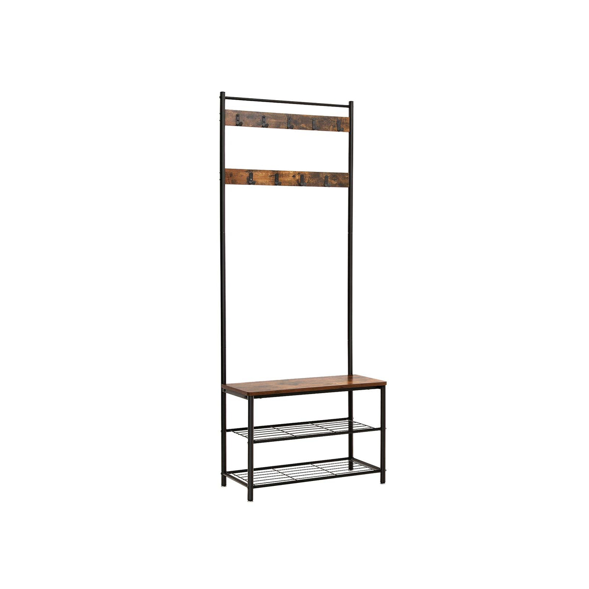 Eteiskaluste, naulakko kenkäpenkillä ja kenkätelineellä, 3-in-1-rakenne, teräsrunko, eteiseen, 32,5 × 70 × 175 cm, industrial-tyyli, rustiikkiruskea ja musta