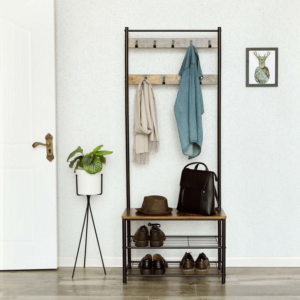 Eteiskaluste, naulakko kenkäpenkillä ja kenkätelineellä, 3-in-1-rakenne, teräsrunko, eteiseen, 32,5 × 70 × 175 cm, industrial-tyyli, rustiikkiruskea ja musta