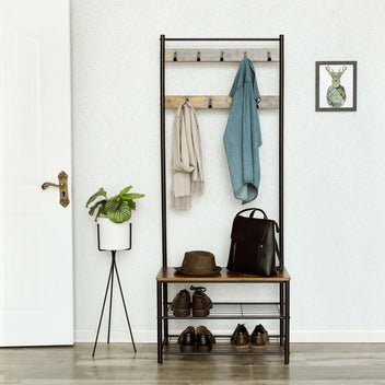 Eteiskaluste, naulakko kenkäpenkillä ja kenkätelineellä, 3-in-1-rakenne, teräsrunko, eteiseen, 32,5 × 70 × 175 cm, industrial-tyyli, rustiikkiruskea ja musta