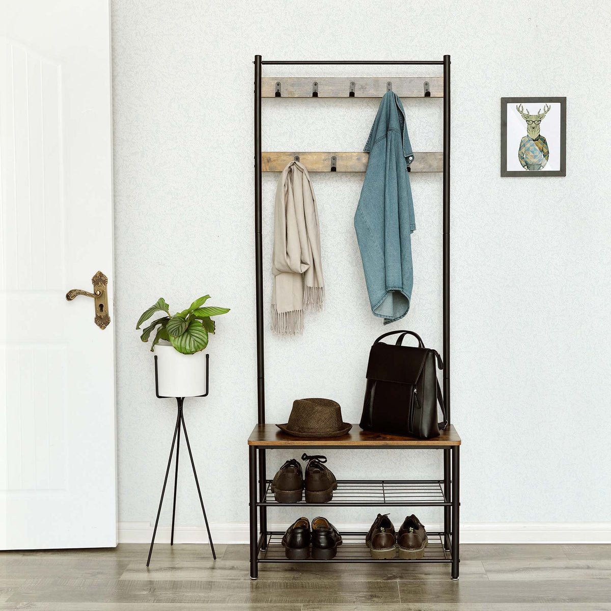 Eteiskaluste, naulakko kenkäpenkillä ja kenkätelineellä, 3-in-1-rakenne, teräsrunko, eteiseen, 32,5 × 70 × 175 cm, industrial-tyyli, rustiikkiruskea ja musta