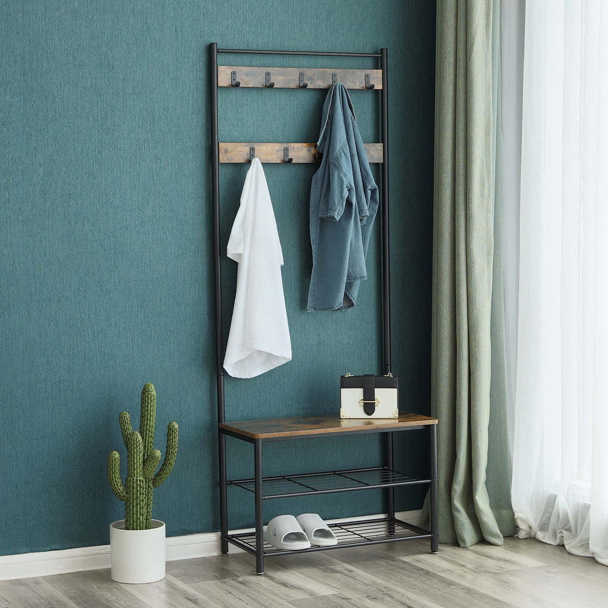 Eteiskaluste, naulakko kenkäpenkillä ja kenkätelineellä, 3-in-1-rakenne, teräsrunko, eteiseen, 32,5 × 70 × 175 cm, industrial-tyyli, rustiikkiruskea ja musta
