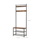 Eteiskaluste, naulakko kenkäpenkillä ja kenkätelineellä, 3-in-1-rakenne, teräsrunko, eteiseen, 32,5 × 70 × 175 cm, industrial-tyyli, rustiikkiruskea ja musta