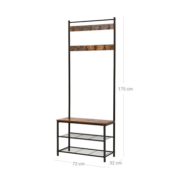 Eteiskaluste, naulakko kenkäpenkillä ja kenkätelineellä, 3-in-1-rakenne, teräsrunko, eteiseen, 32,5 × 70 × 175 cm, industrial-tyyli, rustiikkiruskea ja musta