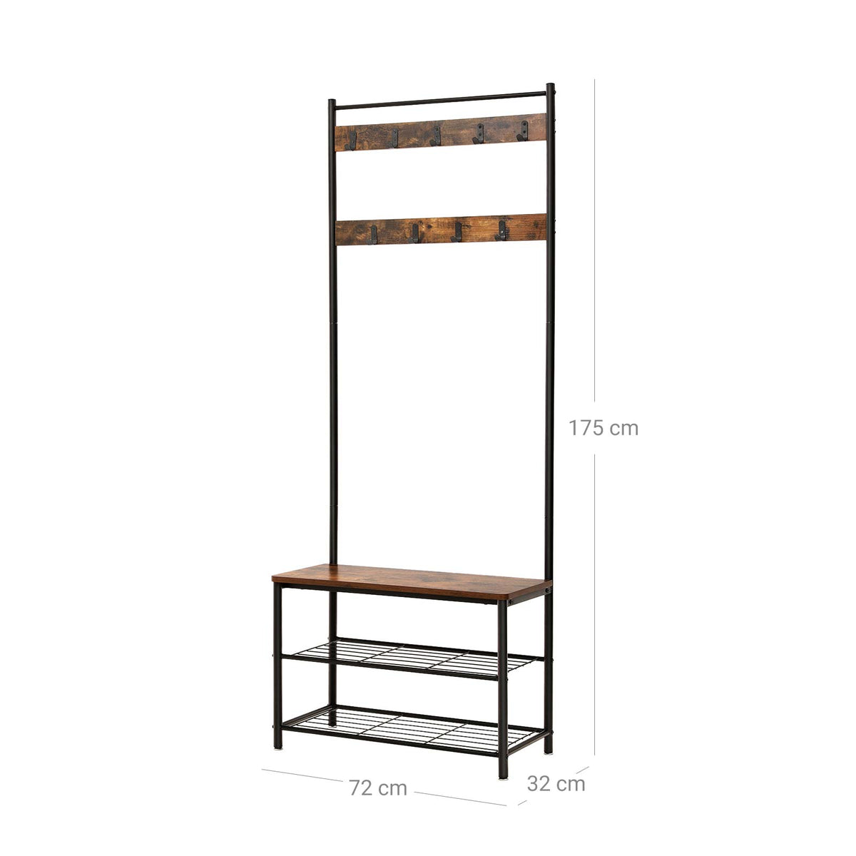 Eteiskaluste, naulakko kenkäpenkillä ja kenkätelineellä, 3-in-1-rakenne, teräsrunko, eteiseen, 32,5 × 70 × 175 cm, industrial-tyyli, rustiikkiruskea ja musta