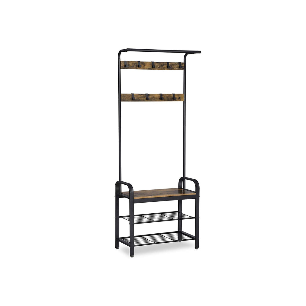 Eteiskaluste, naulakko kenkäpenkillä, 4-in-1-rakenne, 9 irrotettavaa koukkua ja vaatetanko, eteiseen, 34 × 73,6 × 183,5 cm, industrial-tyyli, rustiikkiruskea ja musta