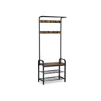 Eteiskaluste, naulakko kenkäpenkillä, 4-in-1-rakenne, 9 irrotettavaa koukkua ja vaatetanko, eteiseen, 34 × 73,6 × 183,5 cm, industrial-tyyli, rustiikkiruskea ja musta