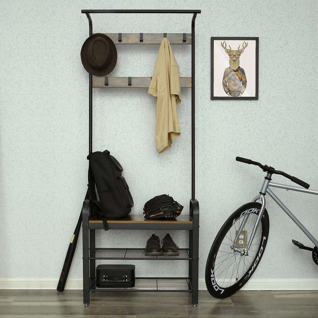 Eteiskaluste, naulakko kenkäpenkillä, 4-in-1-rakenne, 9 irrotettavaa koukkua ja vaatetanko, eteiseen, 34 × 73,6 × 183,5 cm, industrial-tyyli, rustiikkiruskea ja musta
