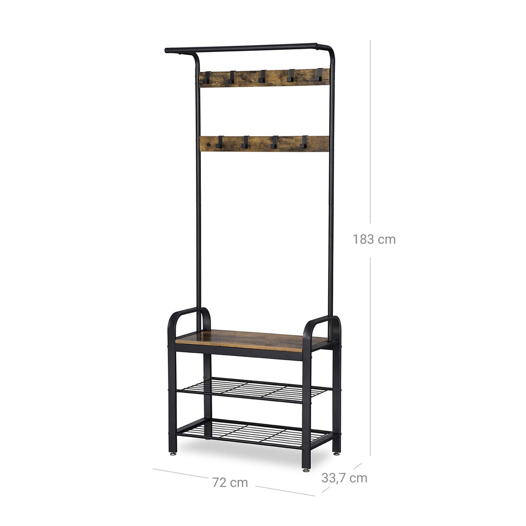 Eteiskaluste, naulakko kenkäpenkillä, 4-in-1-rakenne, 9 irrotettavaa koukkua ja vaatetanko, eteiseen, 34 × 73,6 × 183,5 cm, industrial-tyyli, rustiikkiruskea ja musta