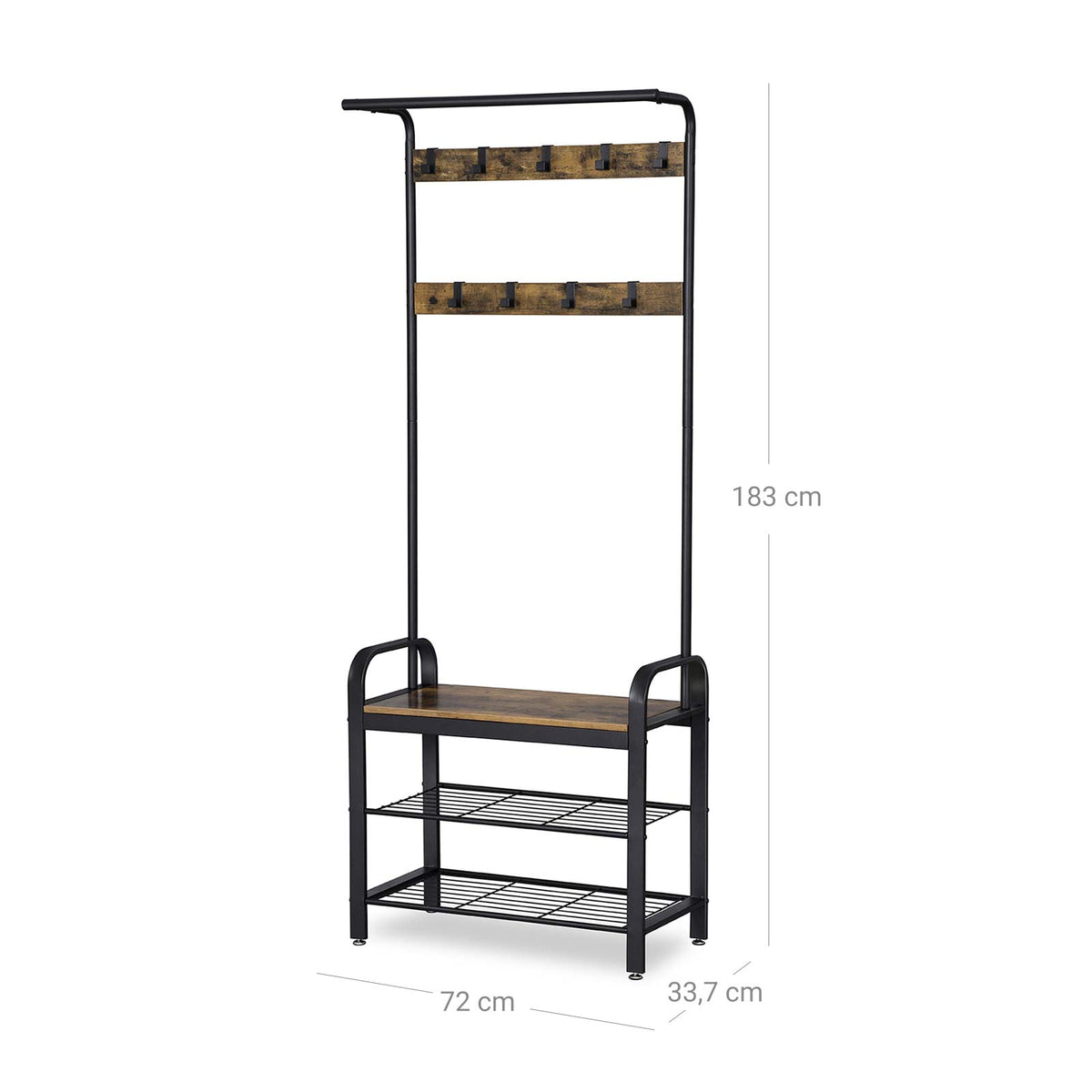 Eteiskaluste, naulakko kenkäpenkillä, 4-in-1-rakenne, 9 irrotettavaa koukkua ja vaatetanko, eteiseen, 34 × 73,6 × 183,5 cm, industrial-tyyli, rustiikkiruskea ja musta